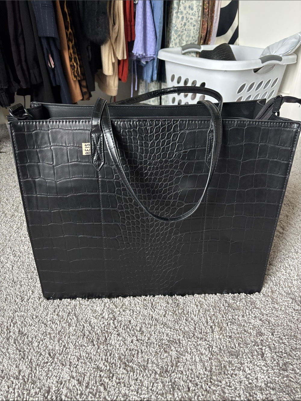 BEIS Black Croc-Embossed Tote Bag